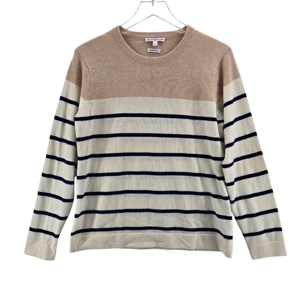 Peter Millar 100% Cashmere Sweater Women Large Striped Nuetrals Beige White Blue
